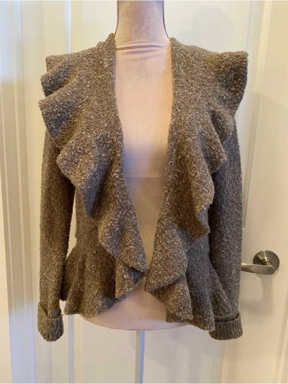 VENUS BOUCLE Taupe Ruffle-Front Women’s Sweater Cardigan